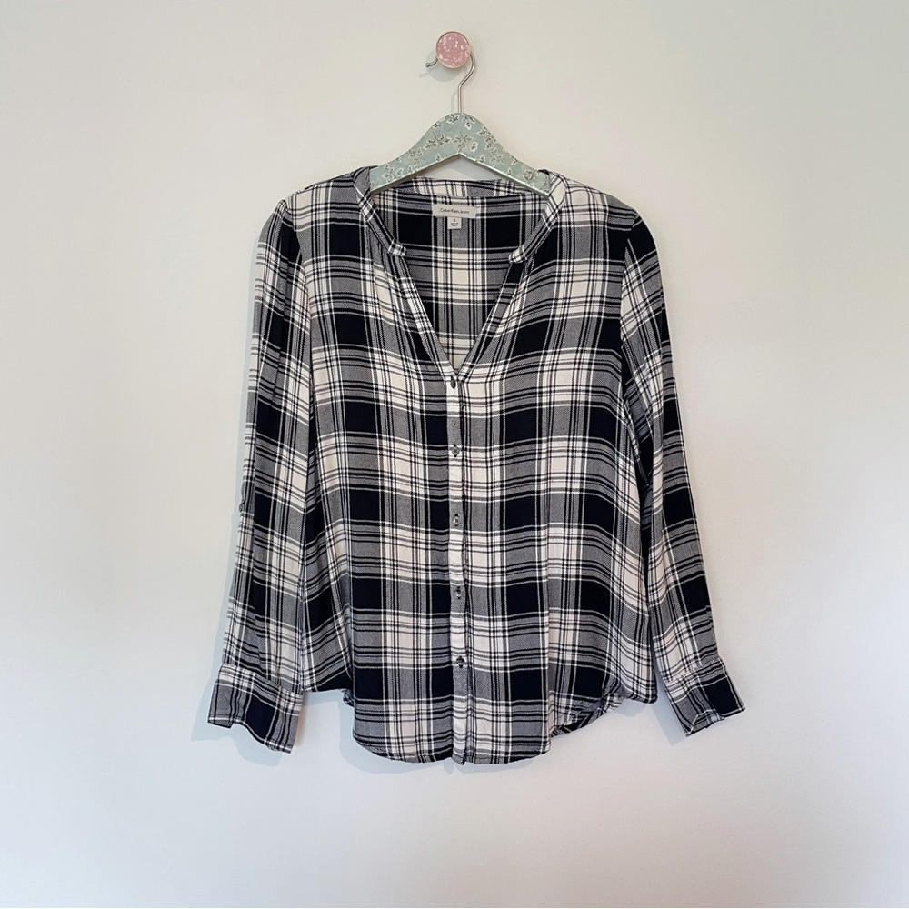 Calvin Klein Black Plaid Button-Down Blouse